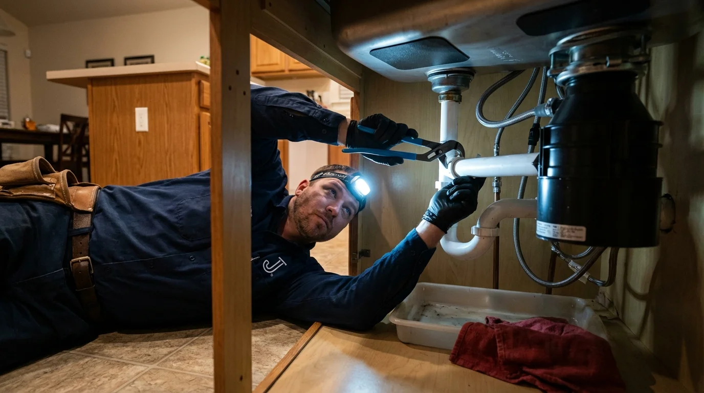 P-trap and supply line connections under a kitchen sink showing a common leak point in Elsa, TX